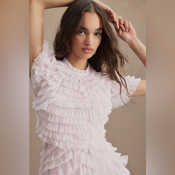 Mac Duggal High-Neck Short-Sleeve Tiered Ruffle A-Line Dress - Picture 3 of 7